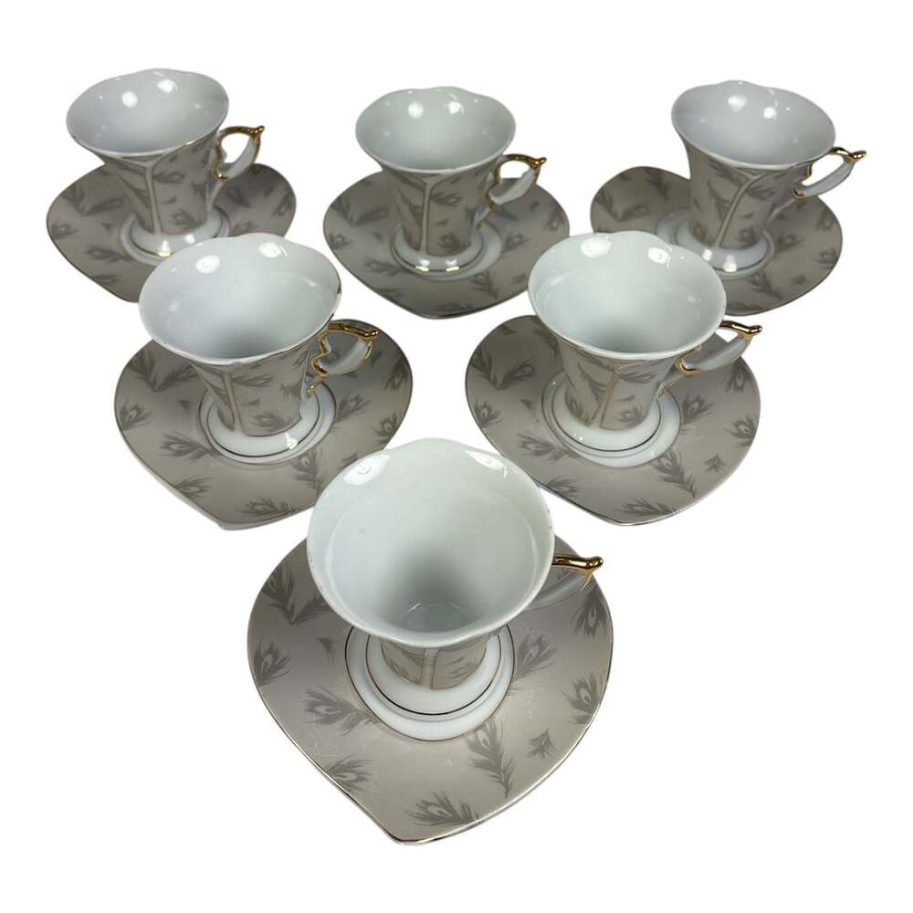 6 GNA Porcelain Feather Motif Grey & Gold Trim Espresso Cup Heart Shaped Saucer